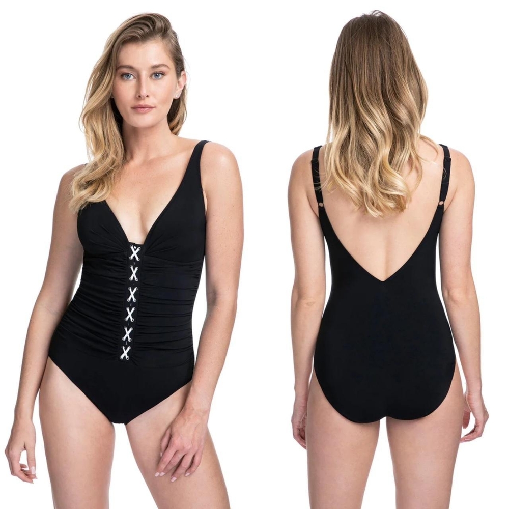 Profile by Gottex Black Moto Bandeau One Piece Swimsuit Sz 14
